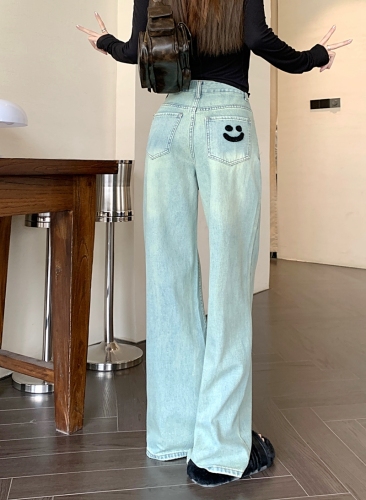 Actual shot #Loose straight denim trousers for women, high-waisted design, embroidered back pockets, narrow wide-leg floor-length trousers