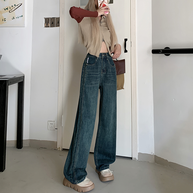 實拍 韓版設計感直筒闊腿高腰牛仔褲女時尚寬鬆顯瘦百搭休閒褲