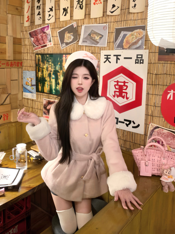 淺粉色毛呢毛領女秋冬季新款收腰西裝外套精緻韓劇女主中長款大衣