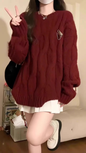 Simple Christmas New Year Red Sweater Women's Autumn and Winter New Loose Twist Knitted Sweater Lazy Style Thick Top