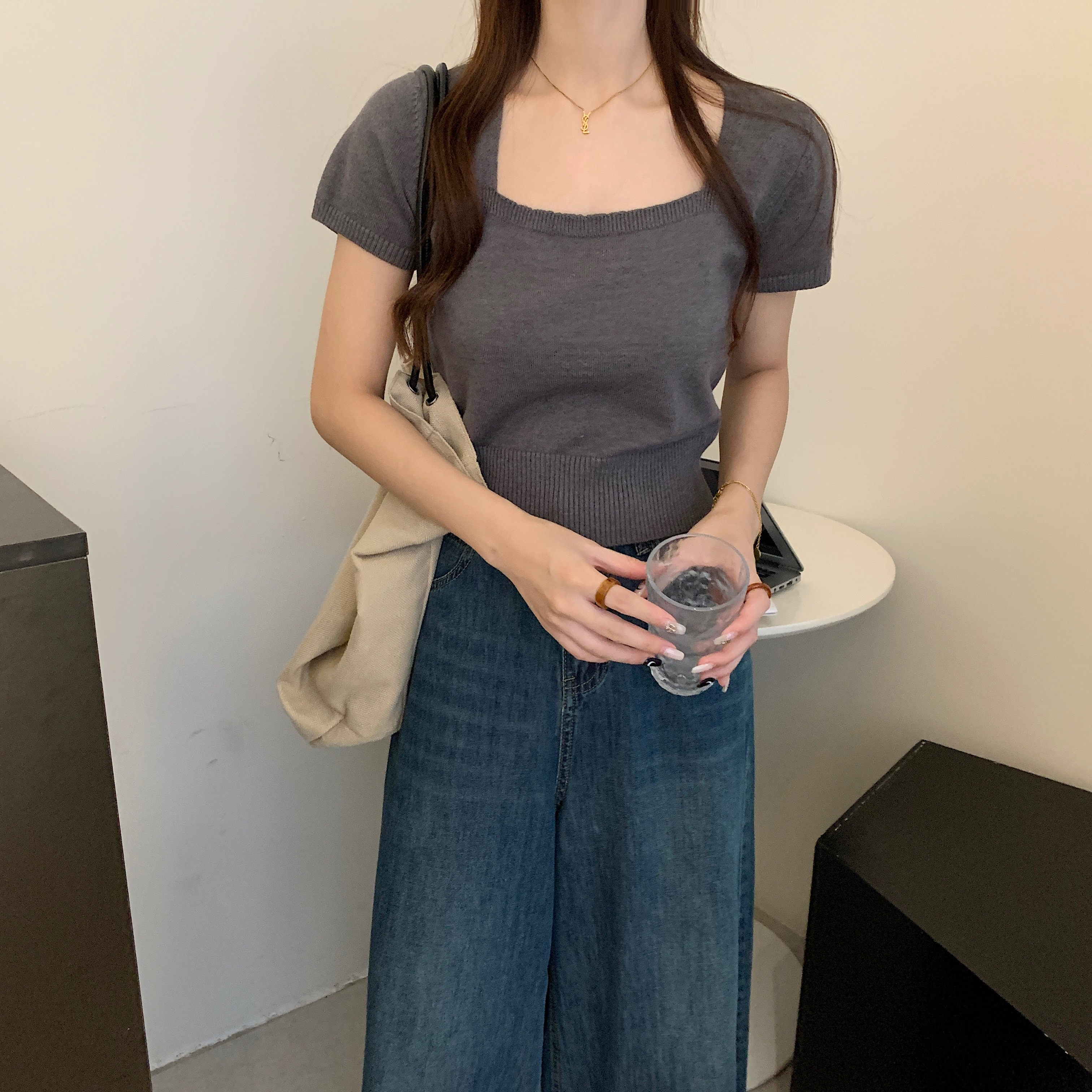 夏季小個子修身顯瘦短款打底衫上衣灰色方領露鎖骨針織短袖t恤女