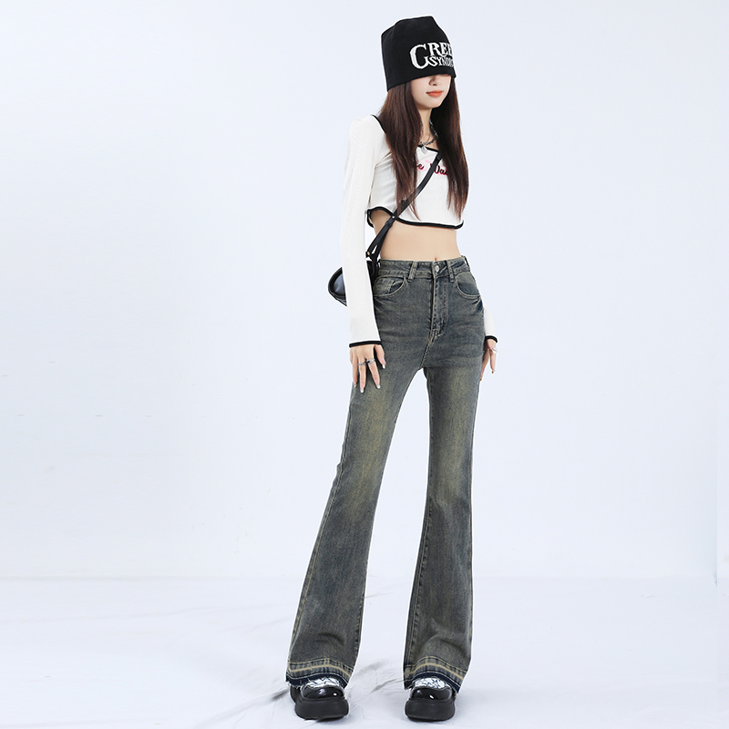 實拍 YKK 辣妹高彈顯瘦繡花拖地喇叭褲水泥灰 長褲 XS-XL