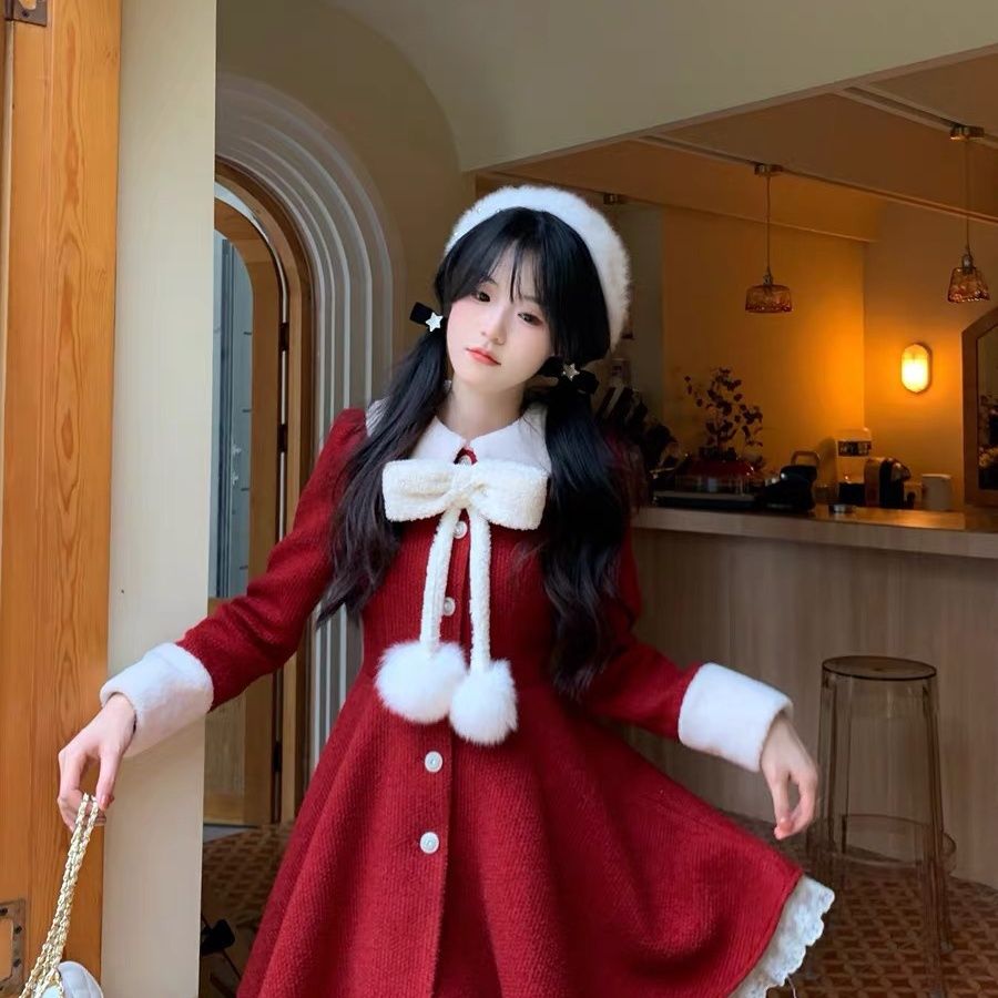 龍鳳呢+原版做法小香風少女聖誕冬裙2023年新款秋冬季小個子