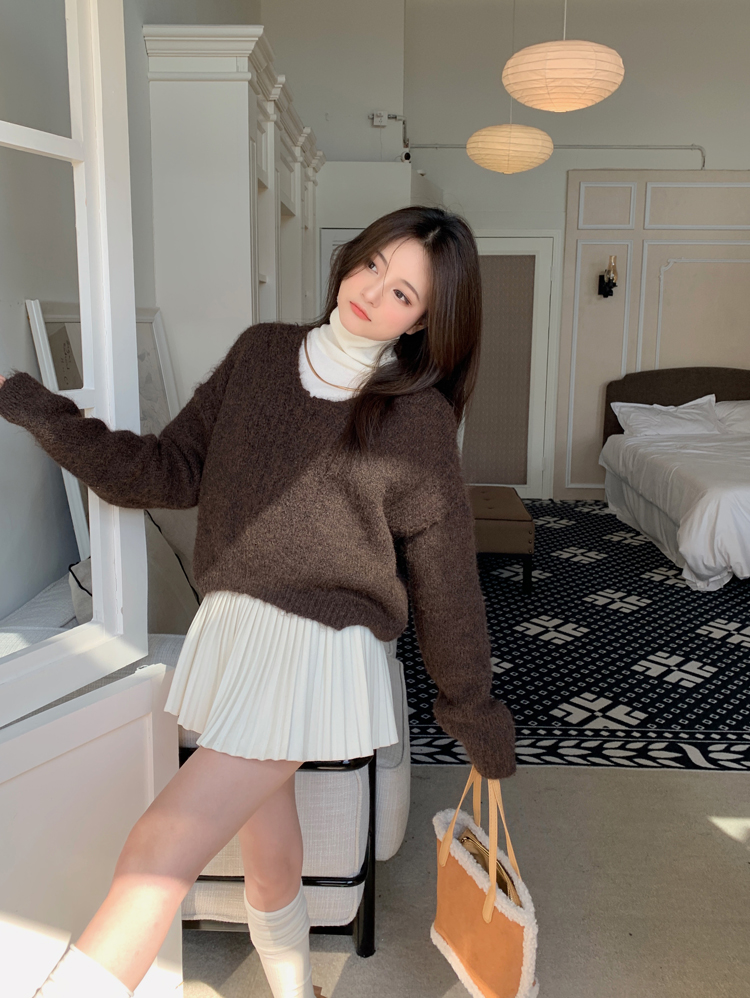 Actual shot of soft and waxy pullover lazy knitted sweater solid color versatile top