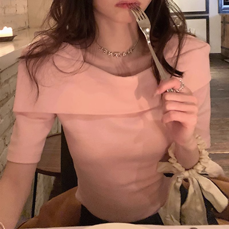 溫柔風杏色一字肩針織衫短袖T恤女設計感小眾夏修身顯瘦短款上衣