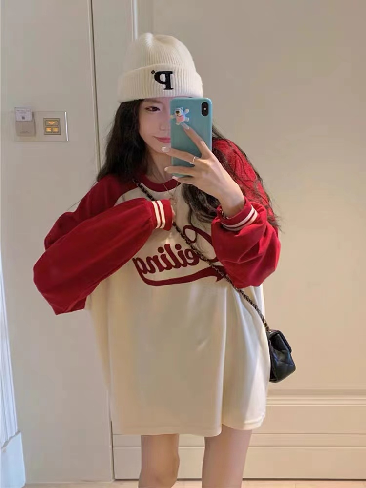Pure cotton silver fox velvet back-covered large size raglan sleeve sweatshirt with contrasting color design, loose and lazy mid-length top