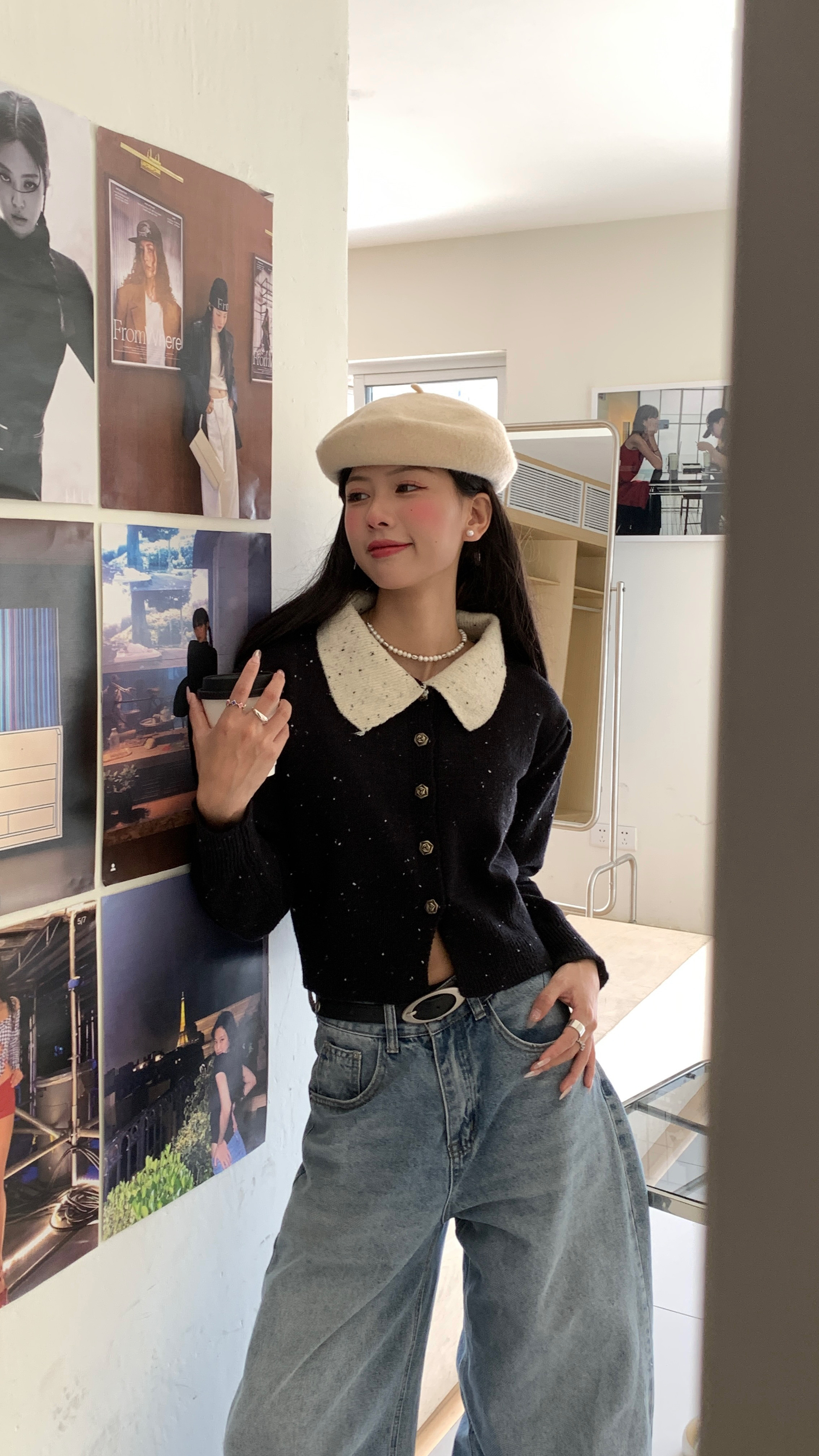 實拍 冬季新款復古紅撞色polo領針織毛衣開衫女