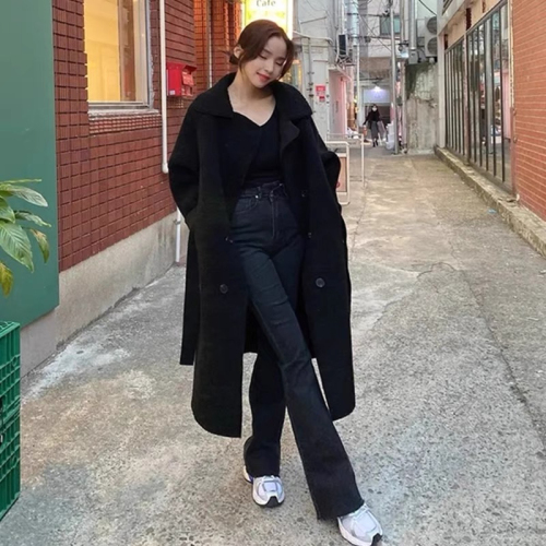 Korean chic autumn and winter gentle temperament large lapel double-breasted loose and versatile long-sleeved lamb wool coat for women