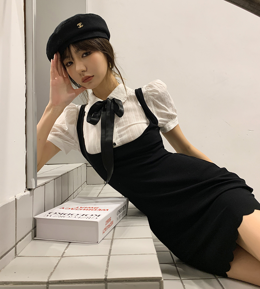 Actual shot of 2024 summer new style sweet and pure internet celebrity female detachable bow fake two-piece black and white splicing dress