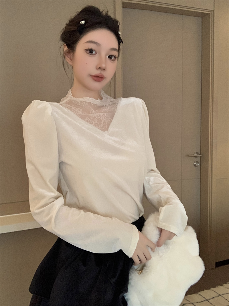 Real shot mesh v-neck half turtleneck velvet long-sleeved t-shirt women's fitted French pullover top