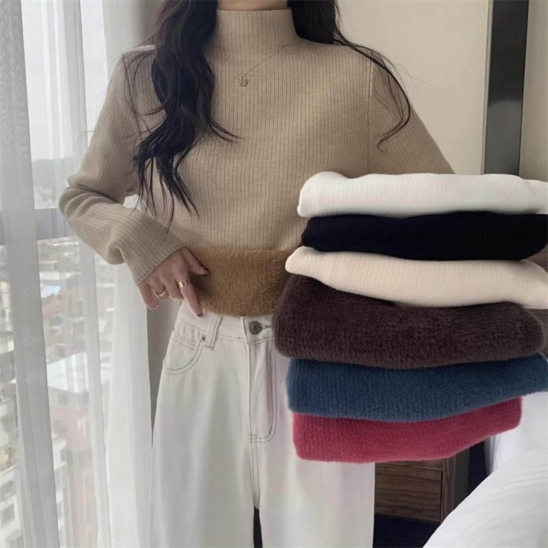 加絨加厚仿水貂毛打底衫毛衣女秋冬新款修身半高領內搭針織衫上衣