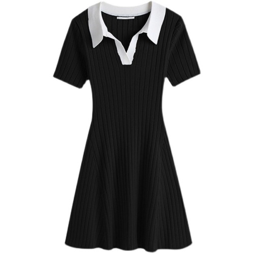 年新款夏季甜美黑色冰丝针织polo连衣裙少女收腰修身显瘦气质