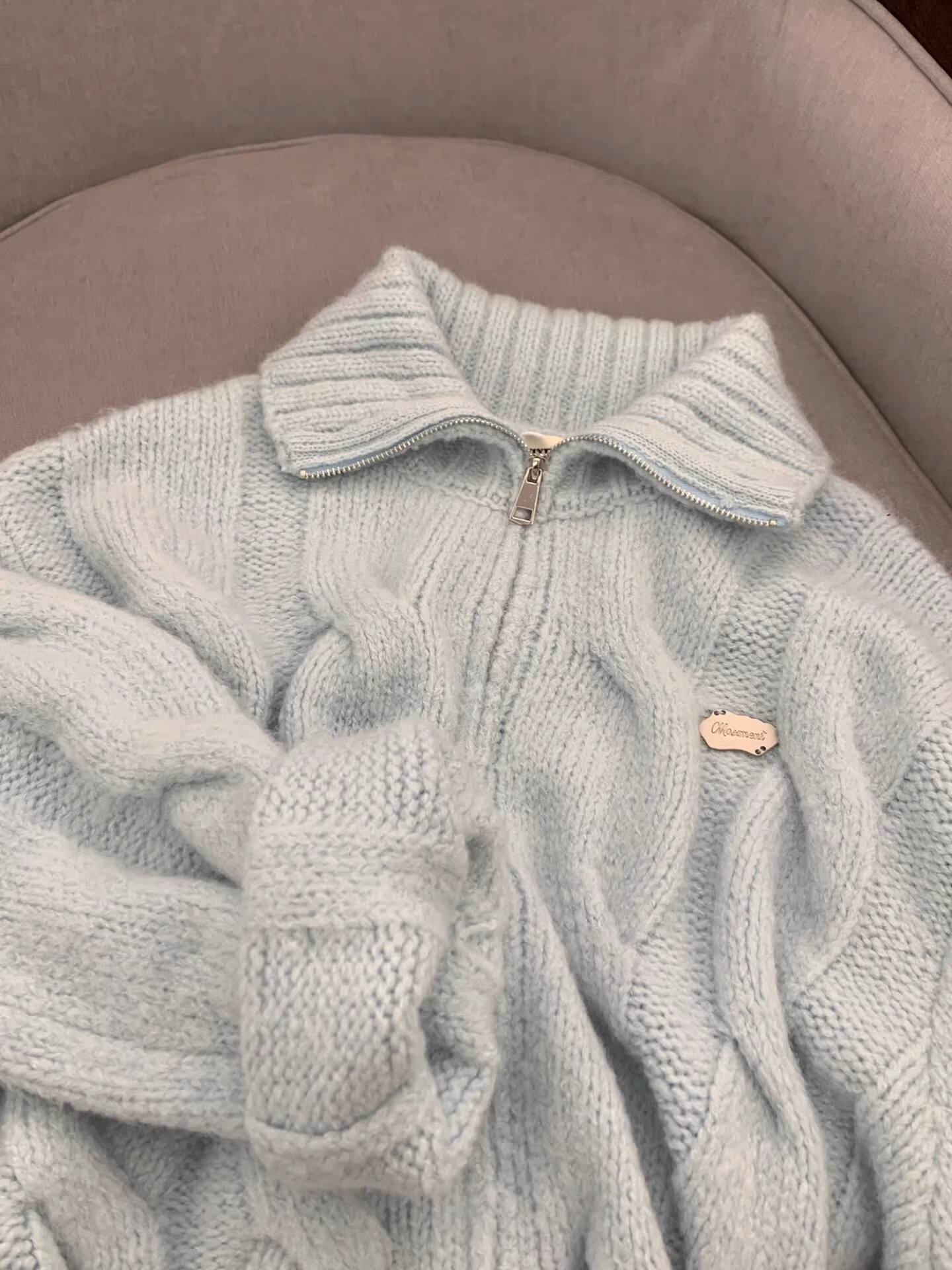 Sheep wool 2024 Korean milk fufu twist lapel lazy style zipper sweater jacket for women