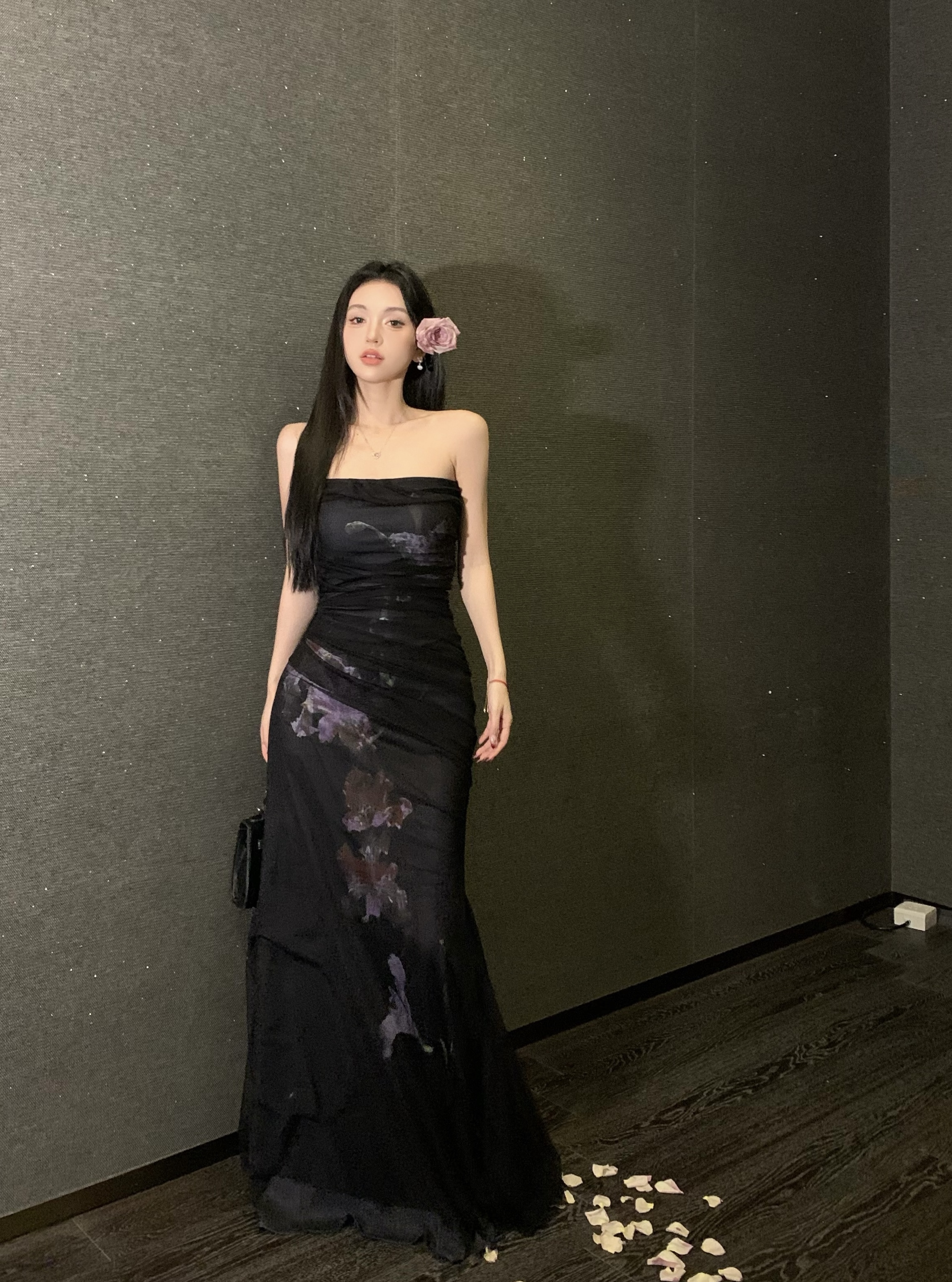 實拍 網紗拼接秋冬內搭無袖抹胸長裙印花修身晚禮服連衣裙