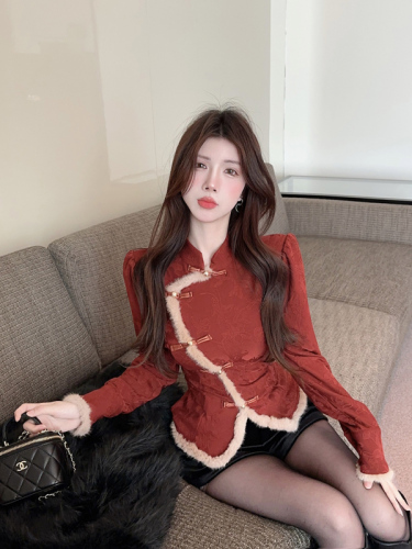 Real shot!  New Chinese style long-sleeved shirt for women plush splicing design irregular button top 2387