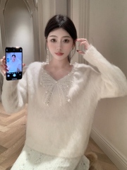 Real shot French bow pearl collar sweater for women autumn and winter V-neck pullover knitted top for outer wear