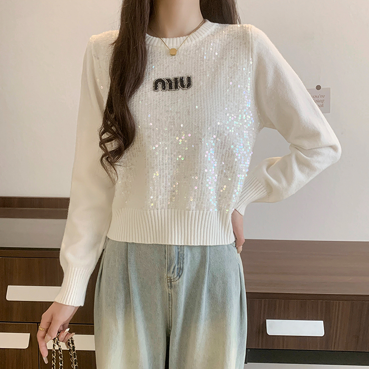 實拍 2024春秋韓版圓領亮片刺繡長袖保暖針織衫毛衣女