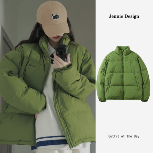 Actual shot of green down cotton jacket for women winter short  small ins trendy Korean style loose and light bread jacket