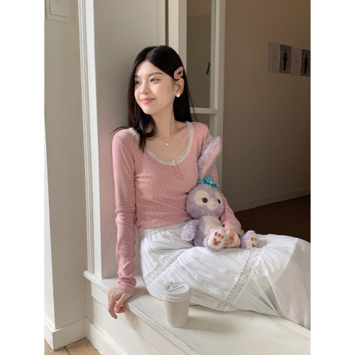 Real shot of lace short style with floral long-sleeved T-shirt 2023 autumn and winter new style comfortable bottoming shirt top