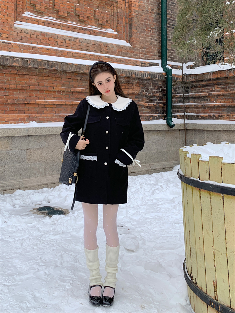 Real shot of black doll collared cotton woolen coat dress winter mid-length suit jacket