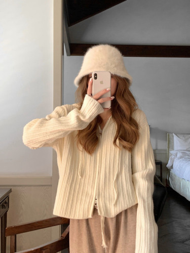 Korean chic chic double zipper hooded knitted cardigan for women spring and autumn high-end short sweater jacket top