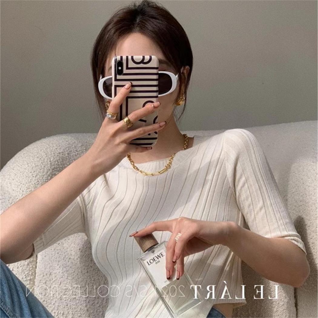 白色冰絲上衣女夏純色修身顯瘦短袖開叉不規則短款針織衫上衣女潮