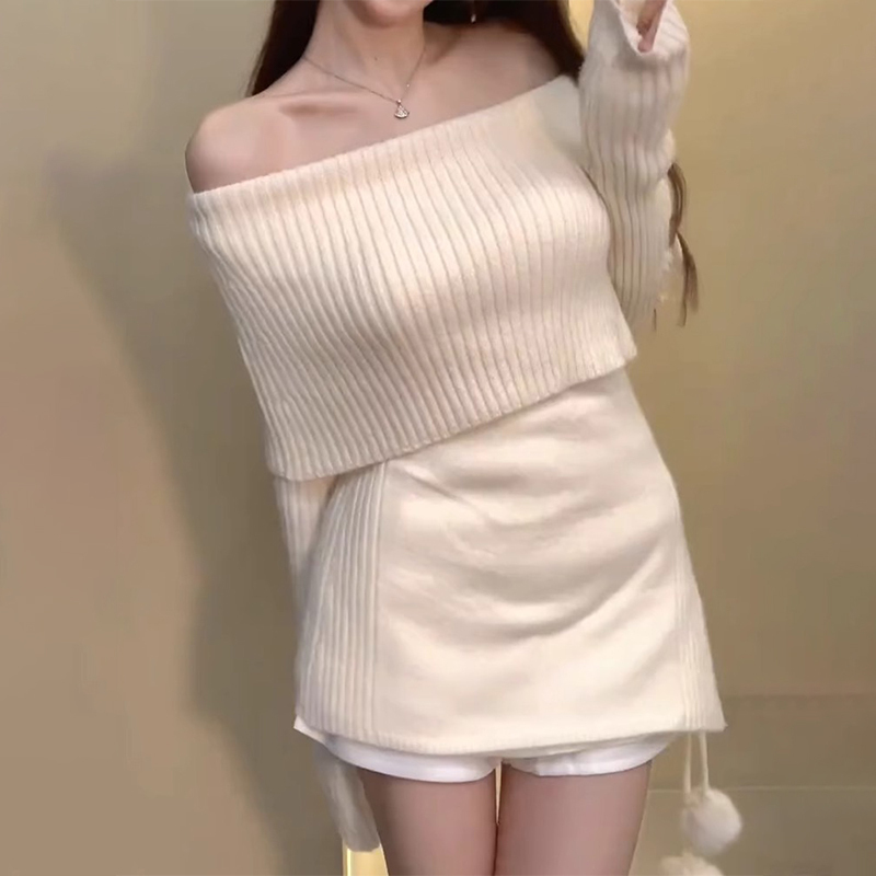 Christmas shirt one-shoulder red dress for women autumn and winter 2023 new knitted sweater mom hip skirt