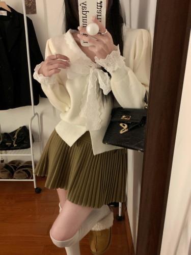 Real shot of white skirt, bow skirt, black pleated skirt, high waist slimming A-line skirt, woolen skirt