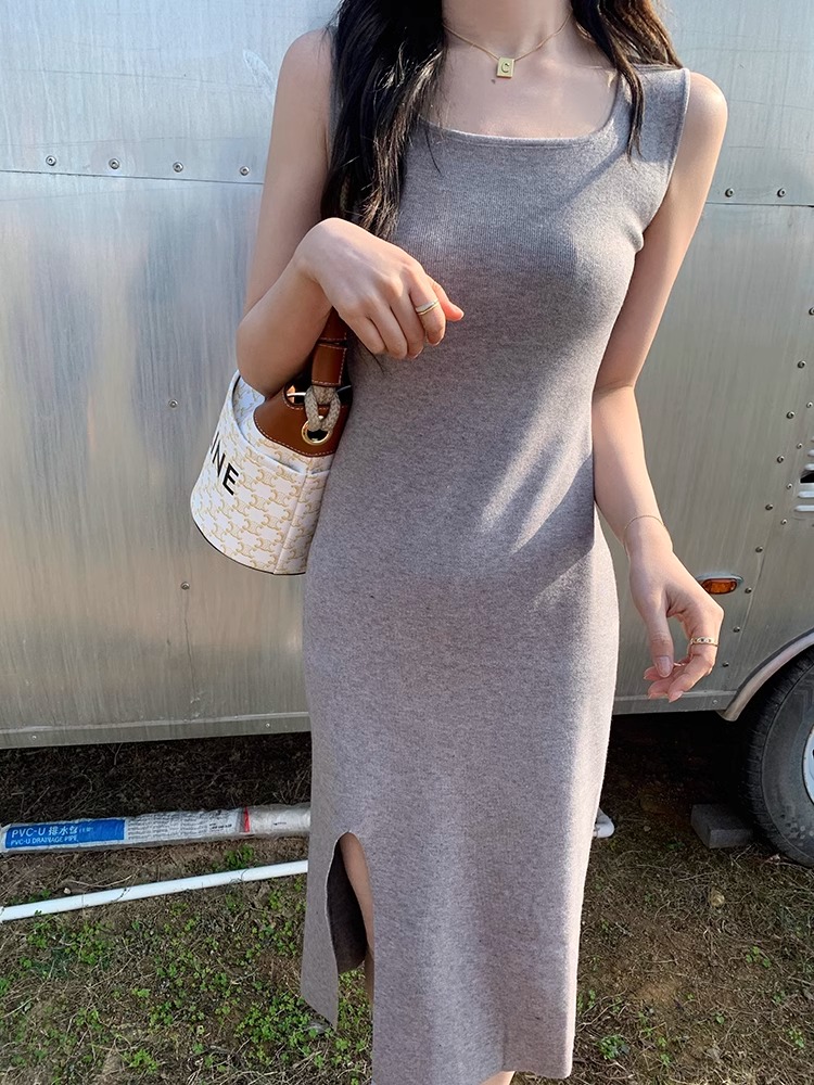 春秋季新款韓系針織連衣裙背心內搭外穿開叉吊帶打底裙女