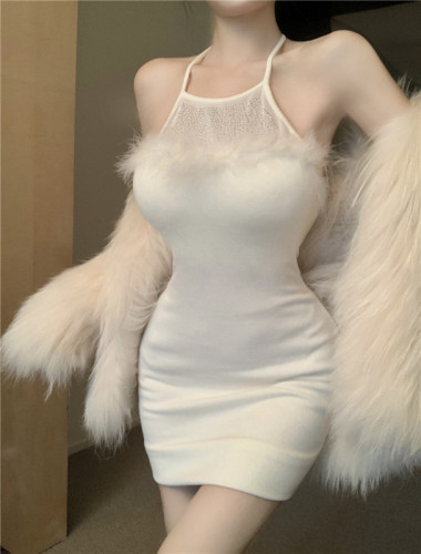Real shot of white one-shoulder halterneck fur-edge patchwork dress with slim design and hip-hugging short skirt for hot girl
