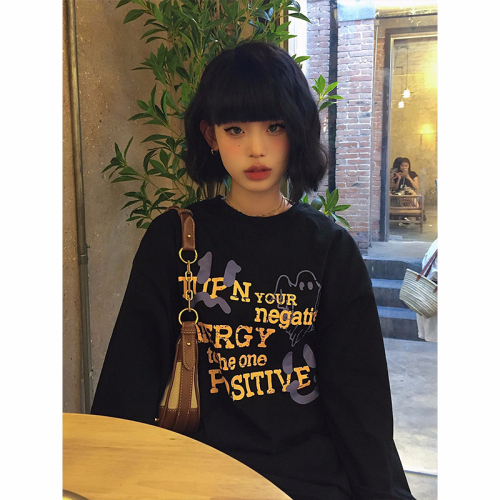 Black round neck velvet thickened sweatshirt for women spring and autumn English letter print design niche loose hooded top