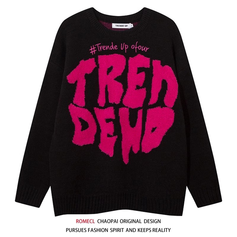 ROMECL loose oversize hip hop letter jacquard sweater trendy Harajuku style versatile knitwear for men and women couples