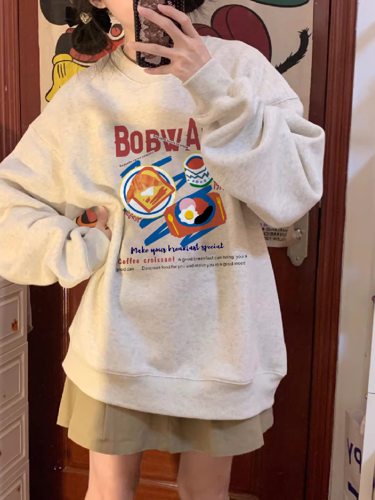 American women's sweatshirt 2024 new hooded loose oversize casual printed velvet thickened top