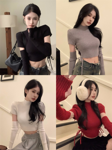 Real shot of Christmas red short-sleeved sweater for women in autumn and winter pure lust hottie sleeve top sweater