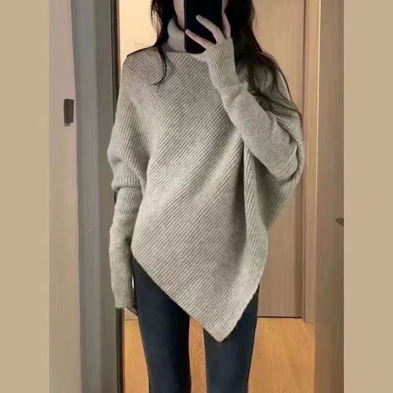 Irregular turtleneck sweater for women 2023 autumn and winter new style gentle Korean New Year red lazy style thickened