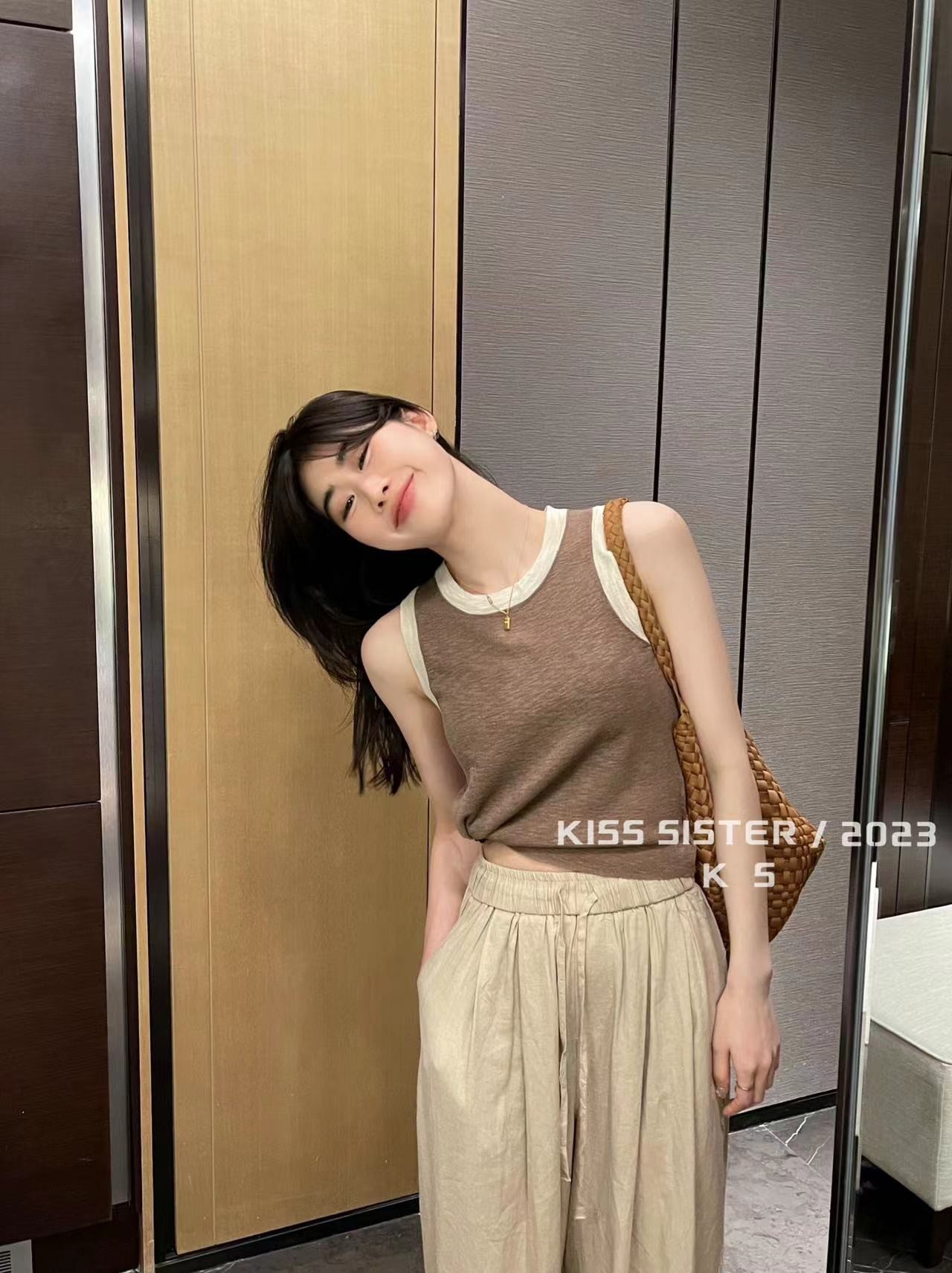簡約圓領拼色百搭背心2023夏季韓版新款條紋冰絲針織吊帶上衣女