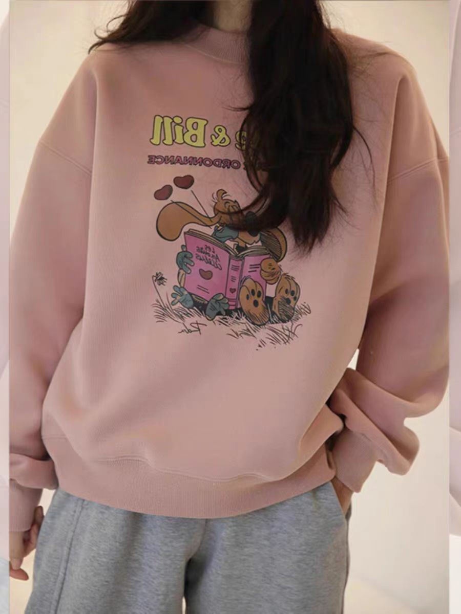 Thin Chinese cotton milk silk plus velvet Chinese cotton silver fox velvet round neck printed sweatshirt for women couple quality