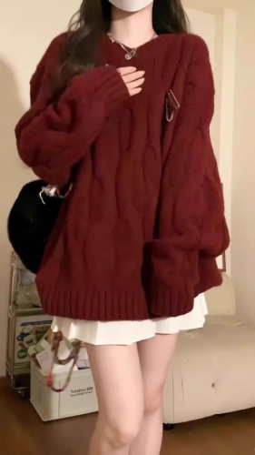 Simple Christmas New Year Red Sweater Women's Autumn and Winter New Loose Twist Knitted Sweater Lazy Style Thick Top