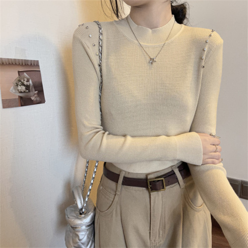 Real shot of autumn and winter new beaded hollow out slim fit versatile bottoming sweater women's sweater inner top