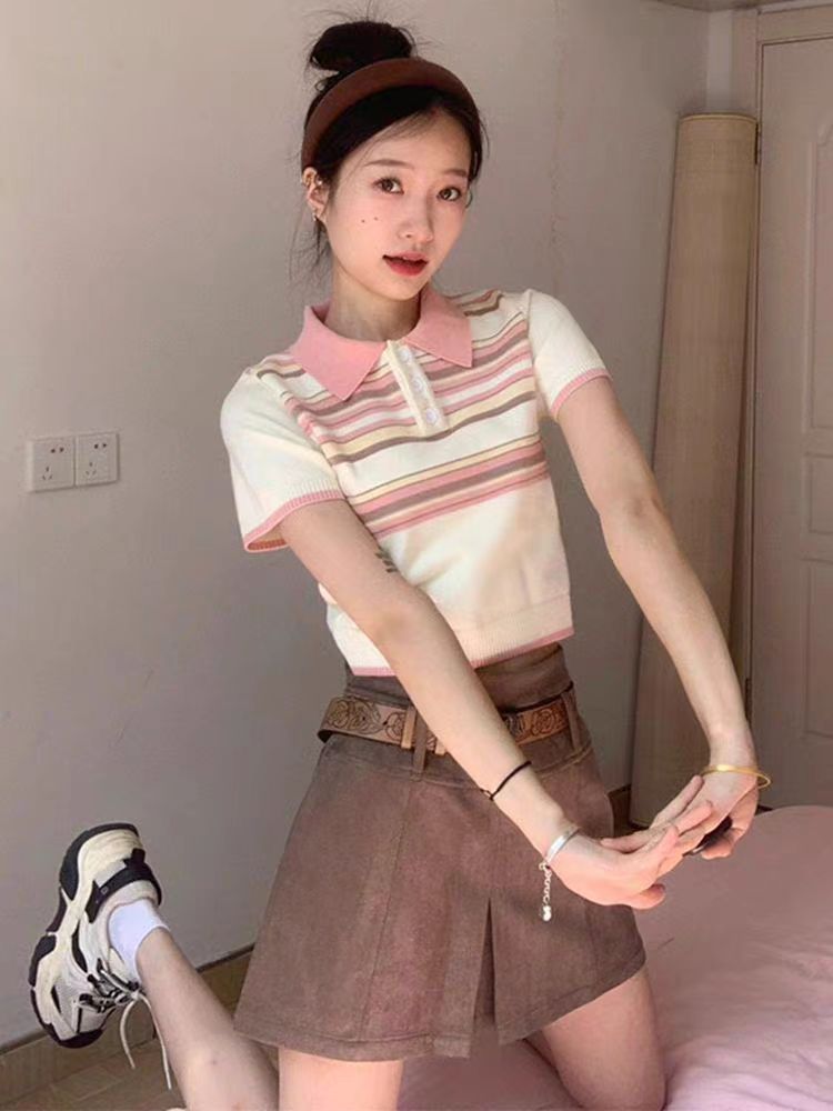 polo領條紋正肩短袖t恤女裝夏季2023新款設計感小眾打底短款上衣