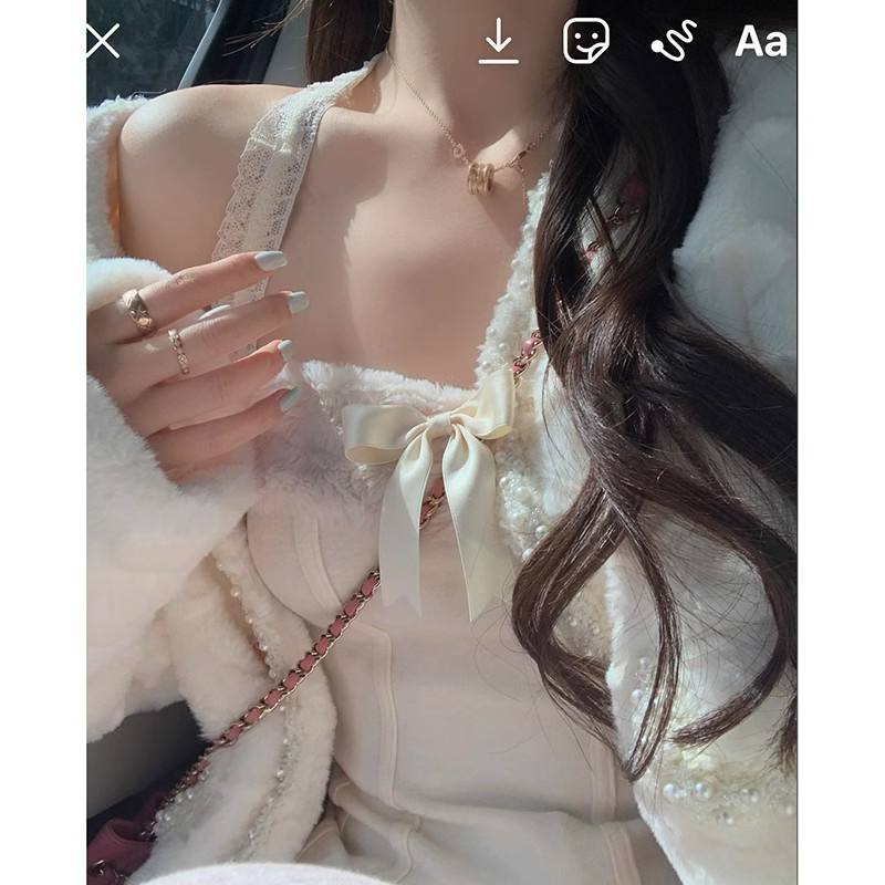 高彈羅紋德絨 蝴蝶結打底衫女小眾鎖骨設肩掛脖吊帶T恤