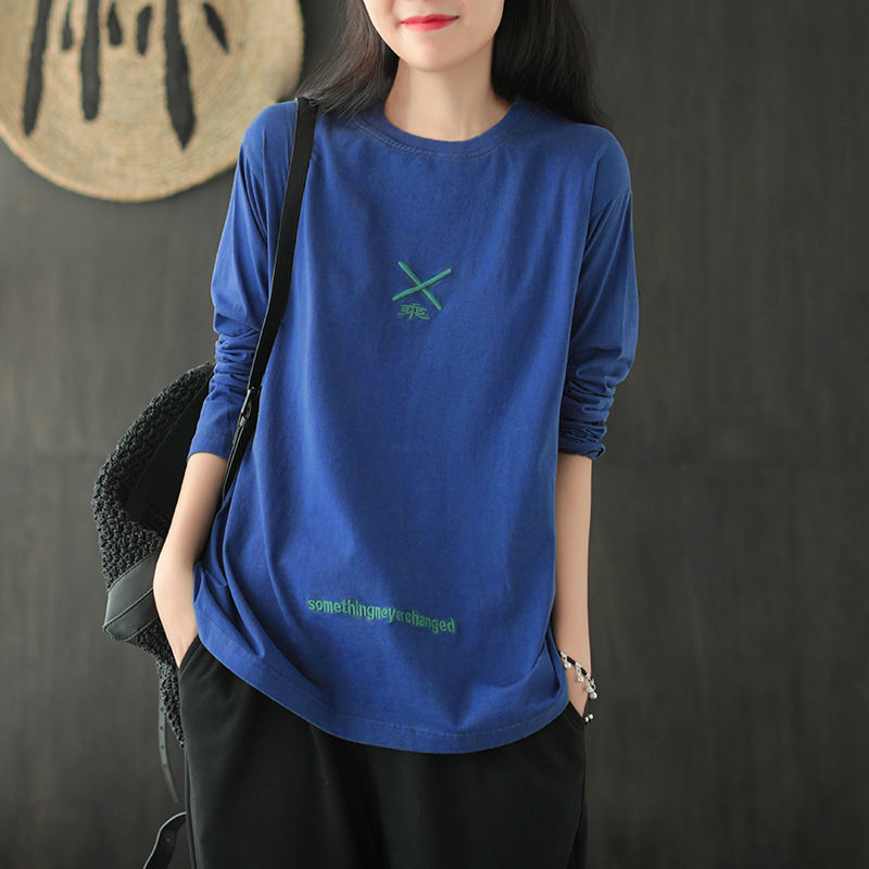 New casual literary large size women's long-sleeved T-shirt for women 2024 spring new retro embroidered bottoming shirt top