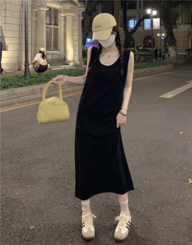 实拍 春季~韩版假两件背心连衣裙女设计感撞色针织长裙