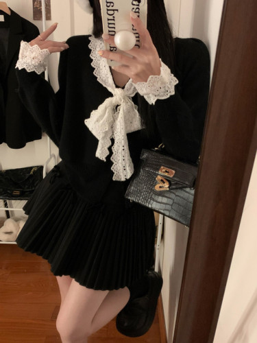 Real shot of white skirt, bow skirt, black pleated skirt, high waist slimming A-line skirt, woolen skirt