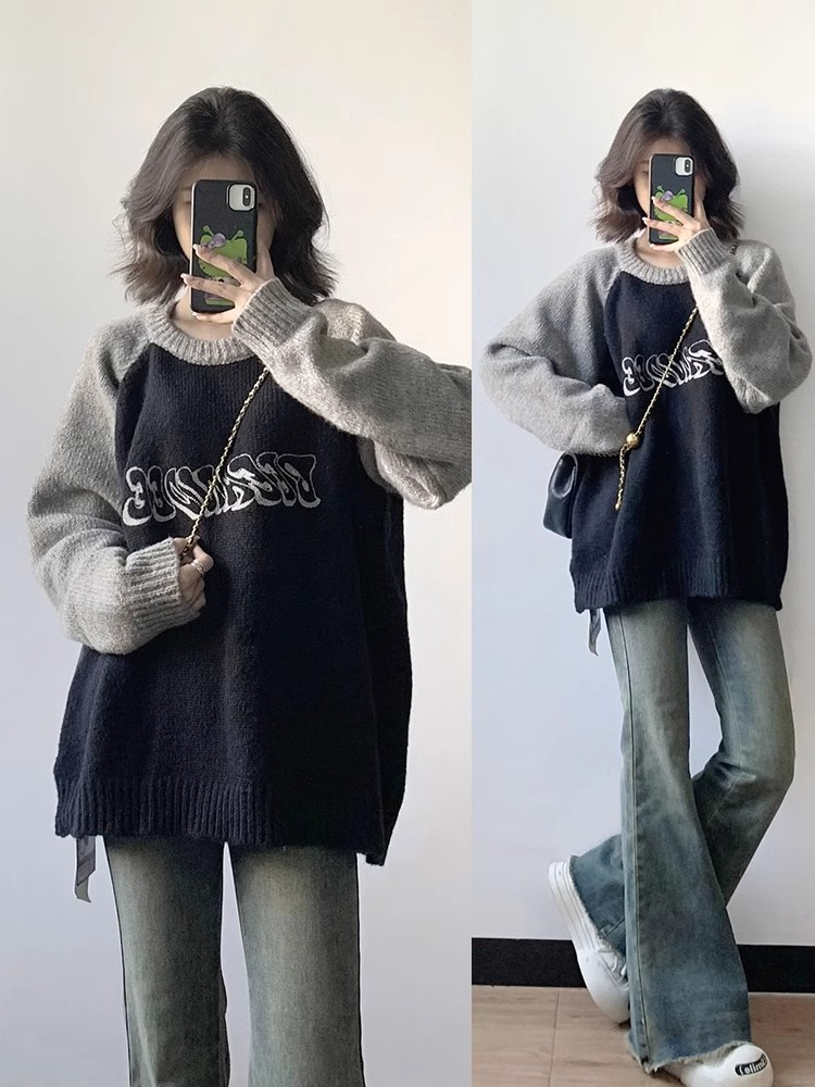 American Retro Round Neck Pullover Raglan Sleeve Sweater Women's Autumn and Winter 2024 New Loose Lazy Style Knitted Sweater Top