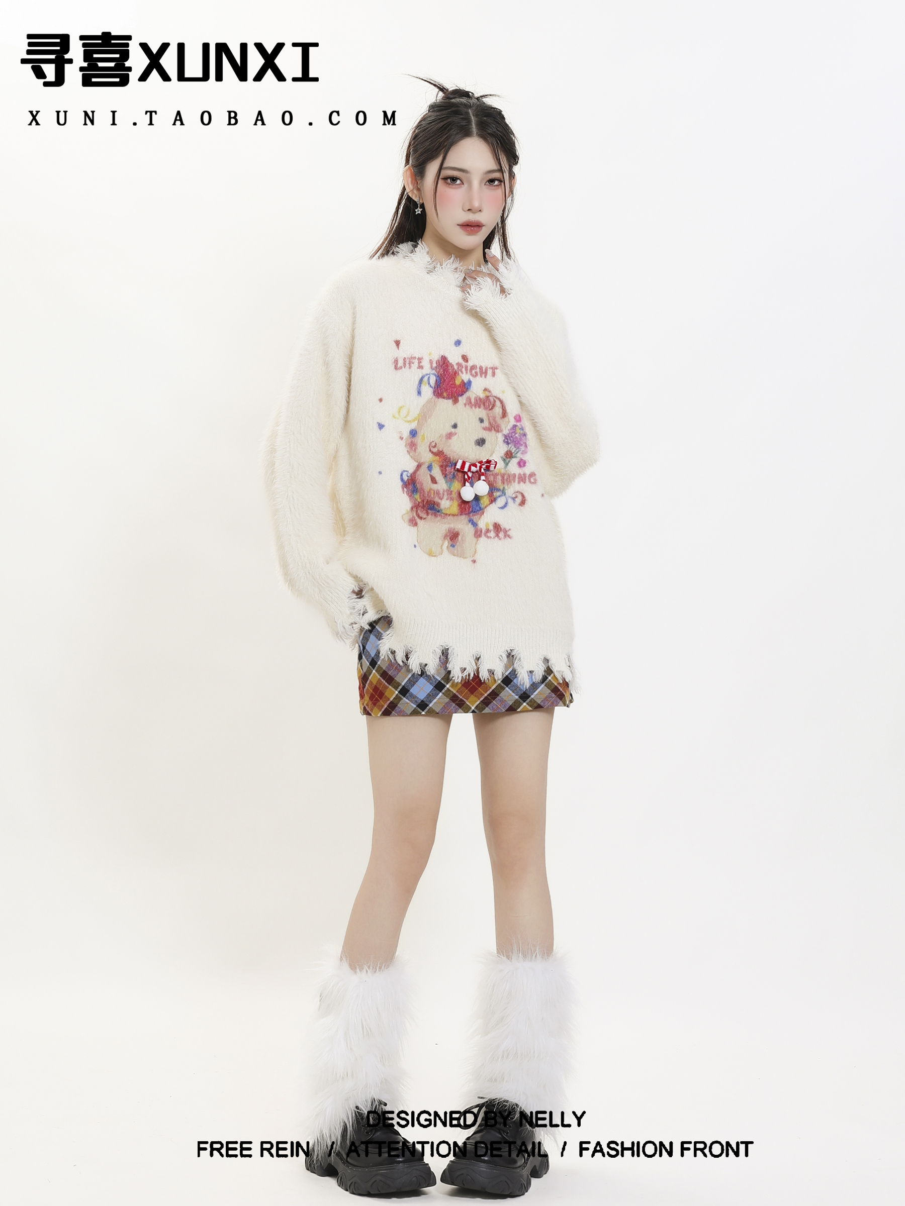 尋喜XUNXI 聖誕節小狗不規則針織衫毛衣女秋冬慵懶風馬海毛上衣