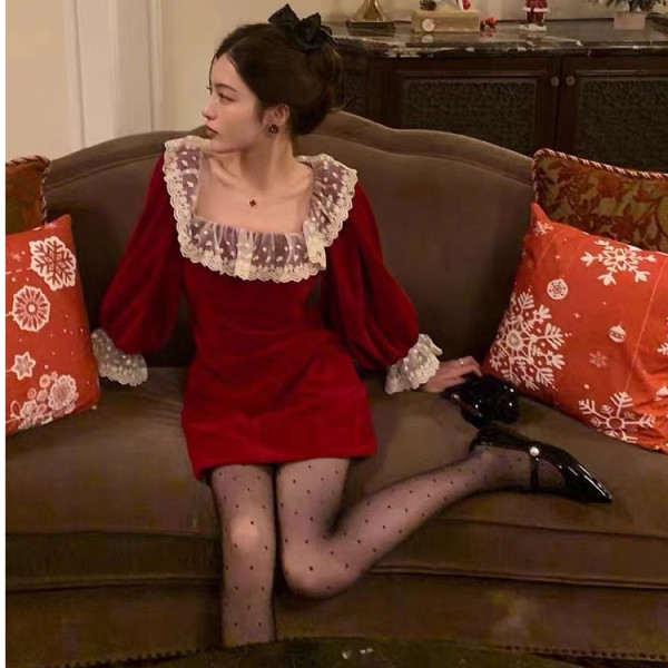 絕美氣質溫柔紅色連衣裙聖誕風炸街金絲絨裙子2024年會顯瘦戰袍裙