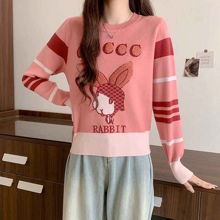 Real shot 2024 spring and autumn Korean version round neck cartoon embroidery long sleeve warm knitted sweater for women