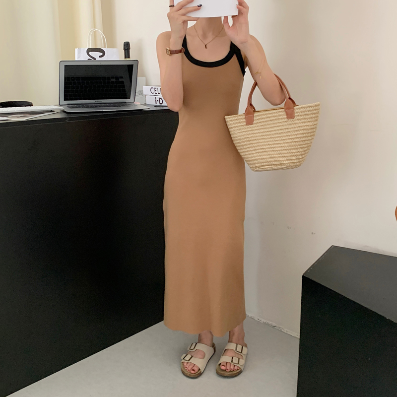純欲風夏季裙2023年女裝新款開叉背心連衣裙性感港風拼色長裙ins