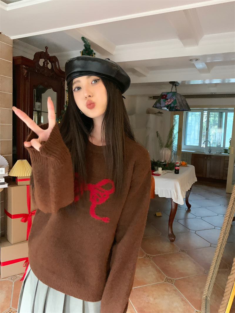 Korean sweet bow sweater, warm and soft waxy sweater for women, autumn and winter temperament, age-reducing top